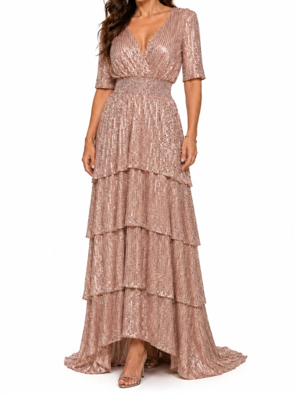 CARAMELA Rose Gold Blush Sequin Tiered High-Low Maxi Gown Dress Made in USA Lrg